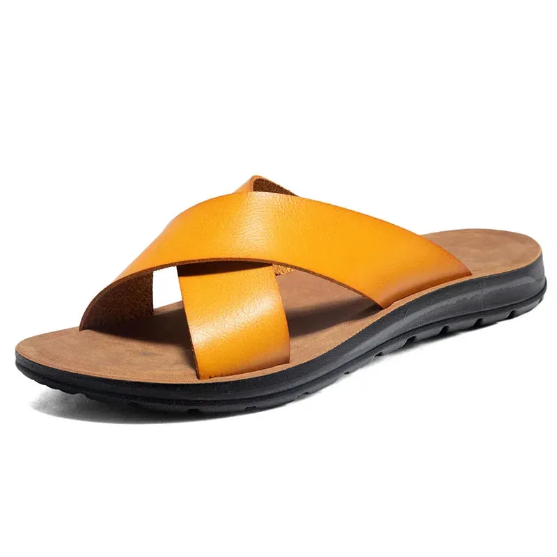 2023 Fashion Men Real Leather Slippers Summer New Black White/red/yellow Cross Over Slippers Men's Leisure Comfort Flat Sandals