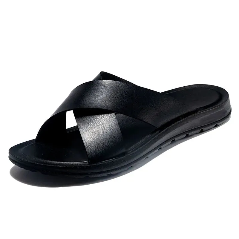 2023 Fashion Men Real Leather Slippers Summer New Black White/red/yellow Cross Over Slippers Men's Leisure Comfort Flat Sandals