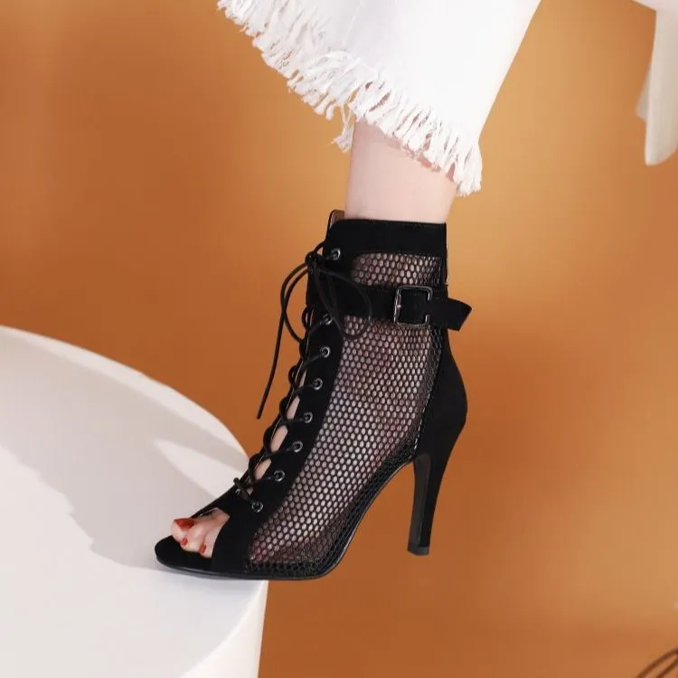 80's Peep Toe Hollow Mesh Cross Lace-up high heels with buckles