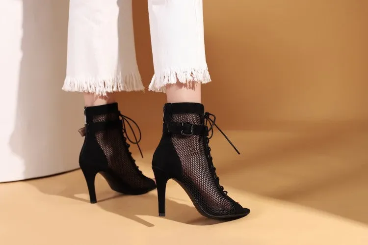 80's Peep Toe Hollow Mesh Cross Lace-up high heels with buckles