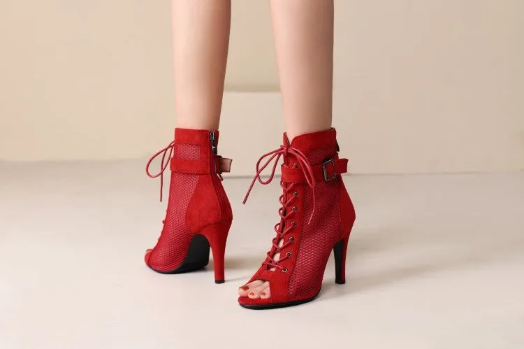 80's Peep Toe Hollow Mesh Cross Lace-up high heels with buckles