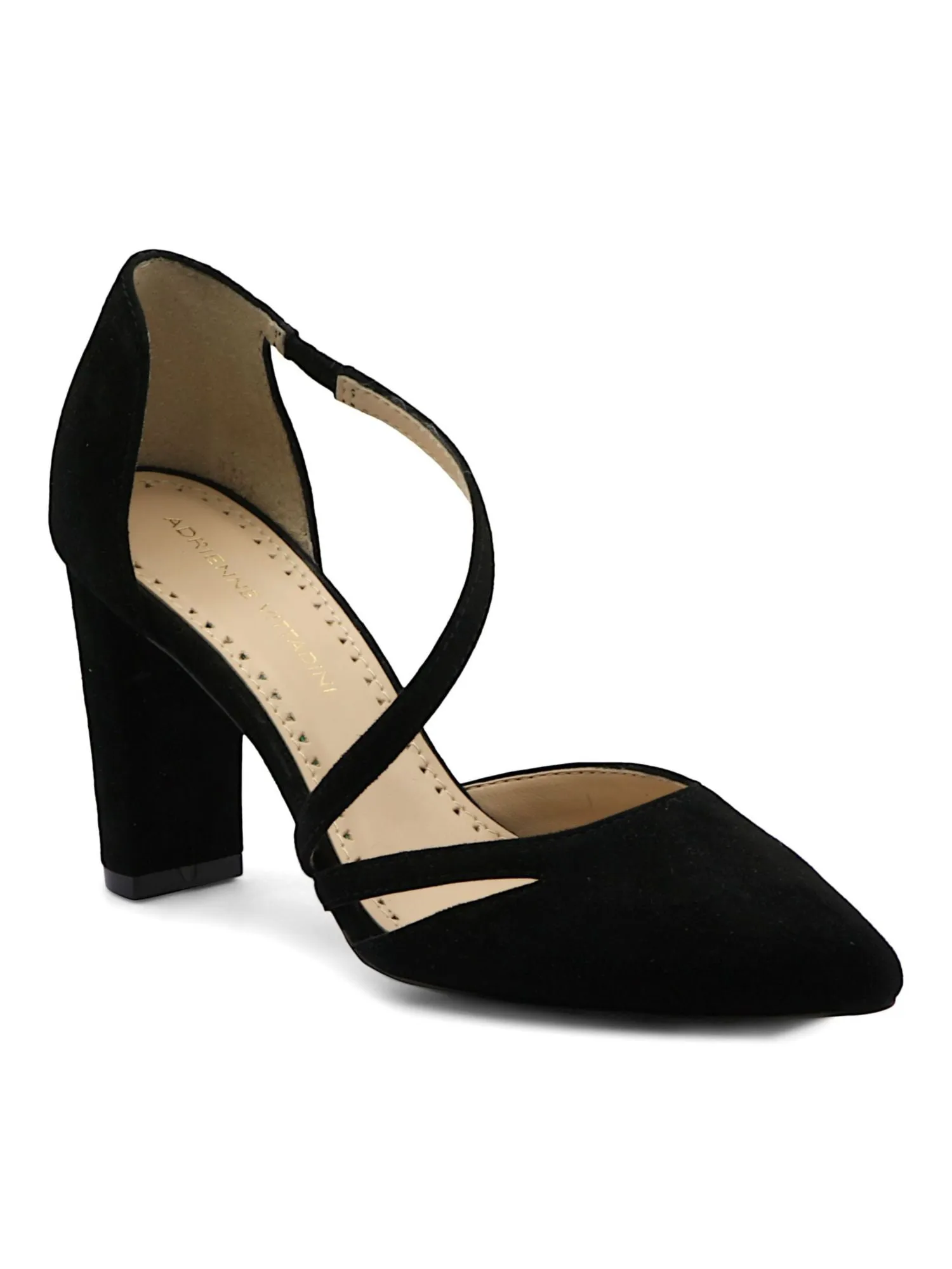 ADRIENNE VITTADINI Womens Black Cross-Strap Padded Stretch Nath Pointed Toe Block Heel Slip On Leather Pumps Shoes M