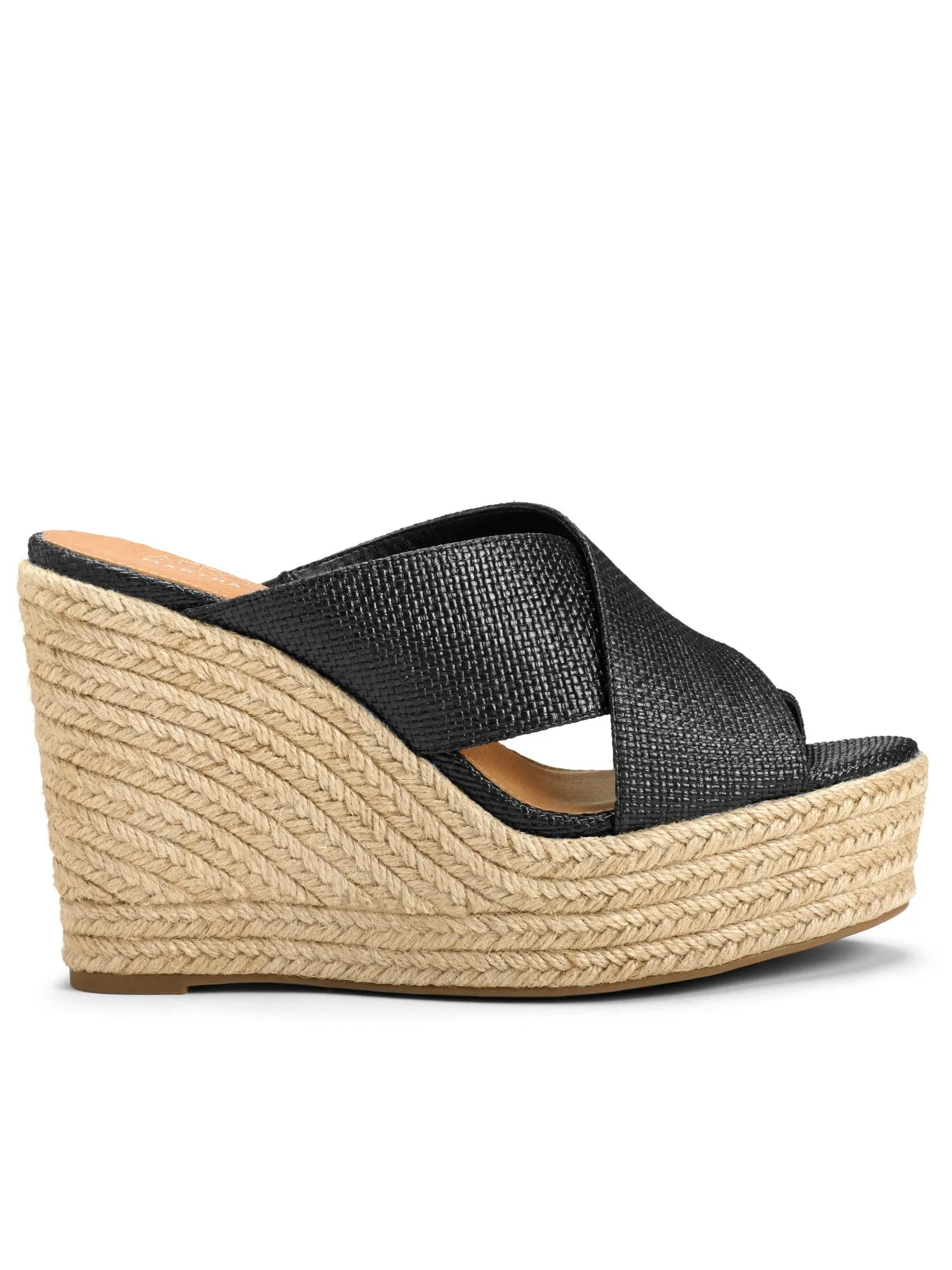 AEROSOLES MARTHA STEWART Womens Black 1.5"  Platform Rope-Wrapped Wedge Criss-Cross Straps Comfort Stretch Woodside Open Toe Wedge Slip On Sandals Shoes M