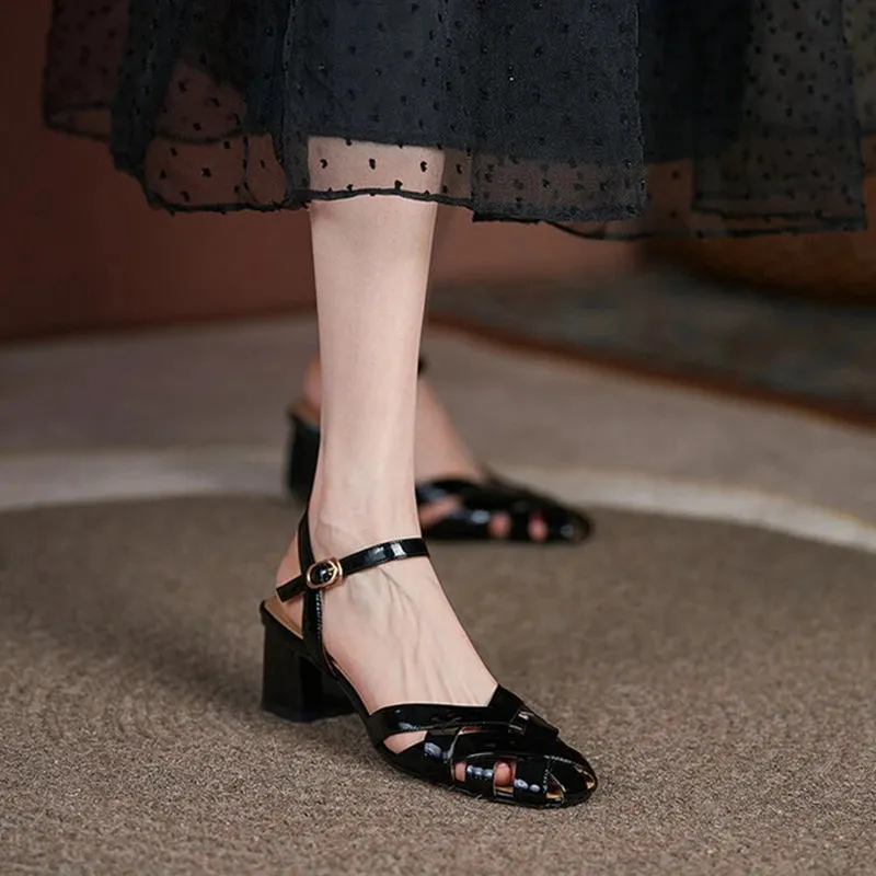 Aiertu NEW Summer Women Sandals Patent Leather Shoes for Women Round Toe Chunky Heel Shoes Cross-tied Cover Toe Black Gladiator Shoes