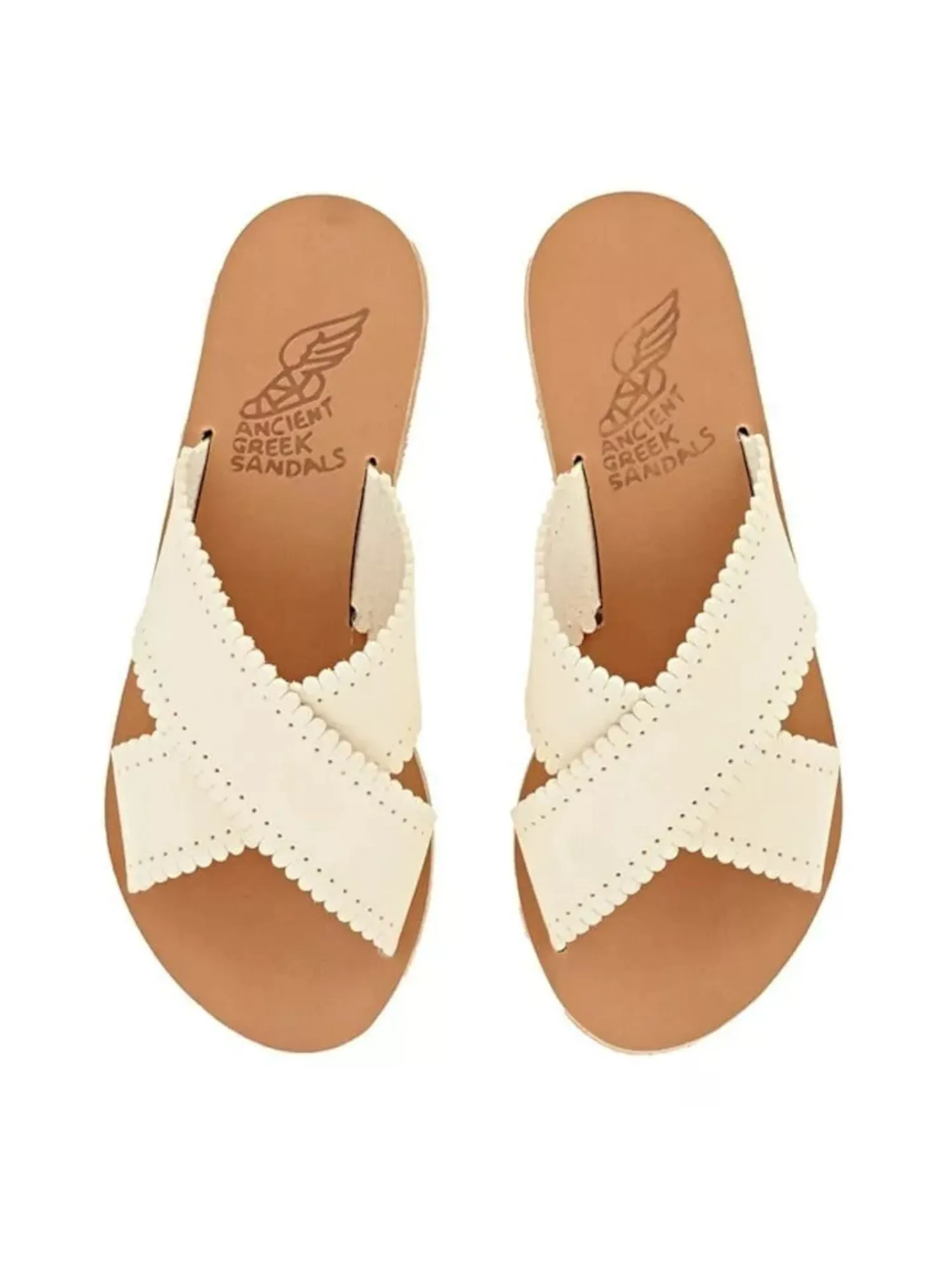 ANCIENT GREEK SANDALS Womens Ivory Criss-Cross Straps Scalloped Philourgos Open Toe Slip On Leather Sandals Shoes