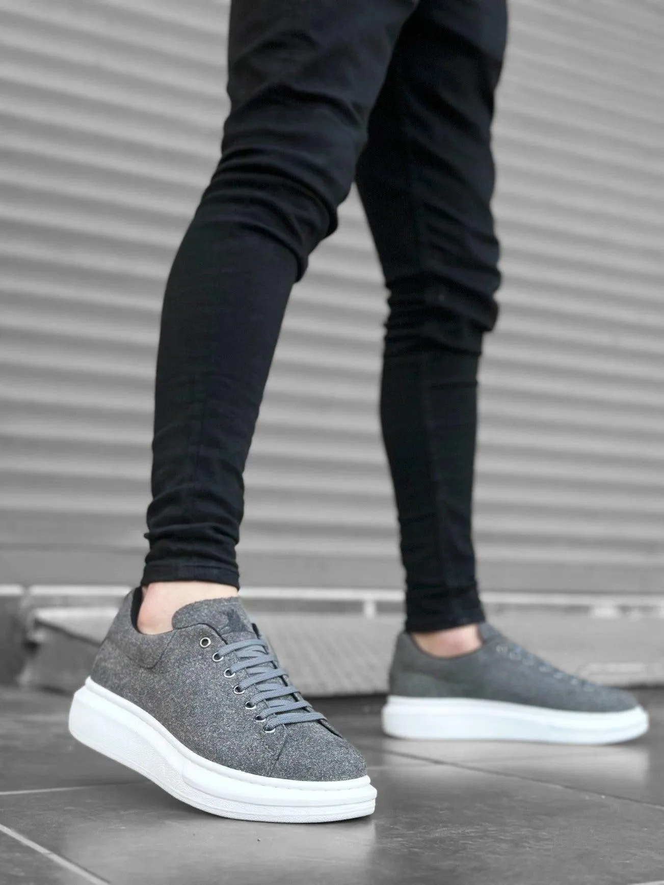 BA0547 Thick High Sole Gray Suede Lace-Up Sports Men's Sneakers Shoes