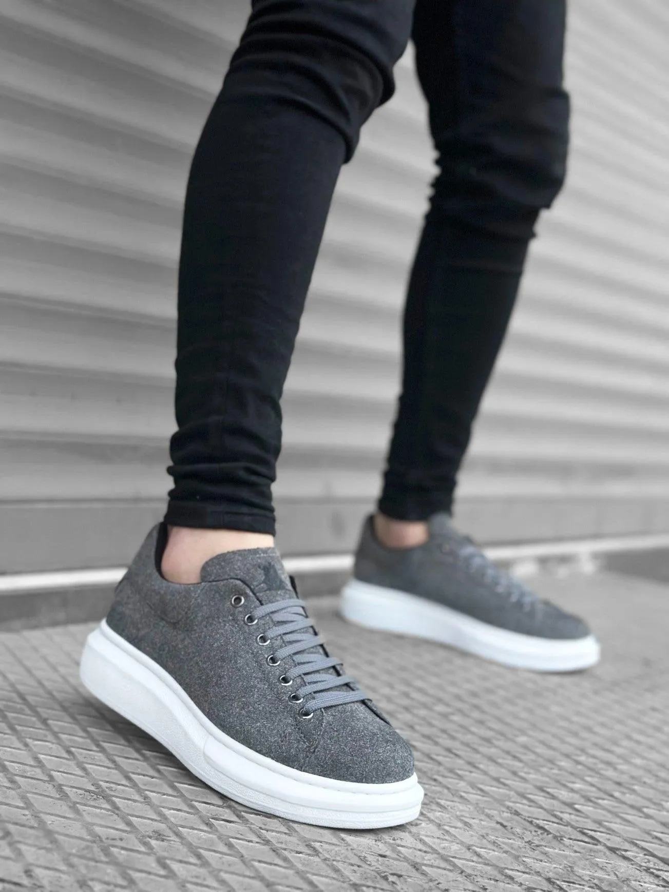 BA0547 Thick High Sole Gray Suede Lace-Up Sports Men's Sneakers Shoes