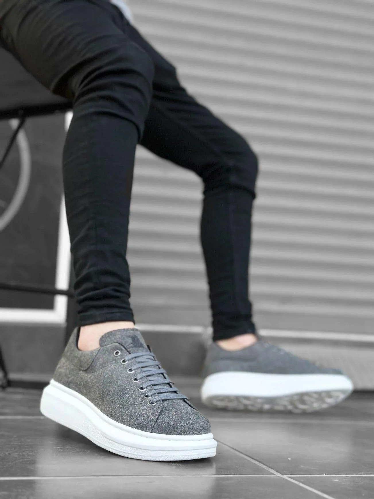 BA0547 Thick High Sole Gray Suede Lace-Up Sports Men's Sneakers Shoes