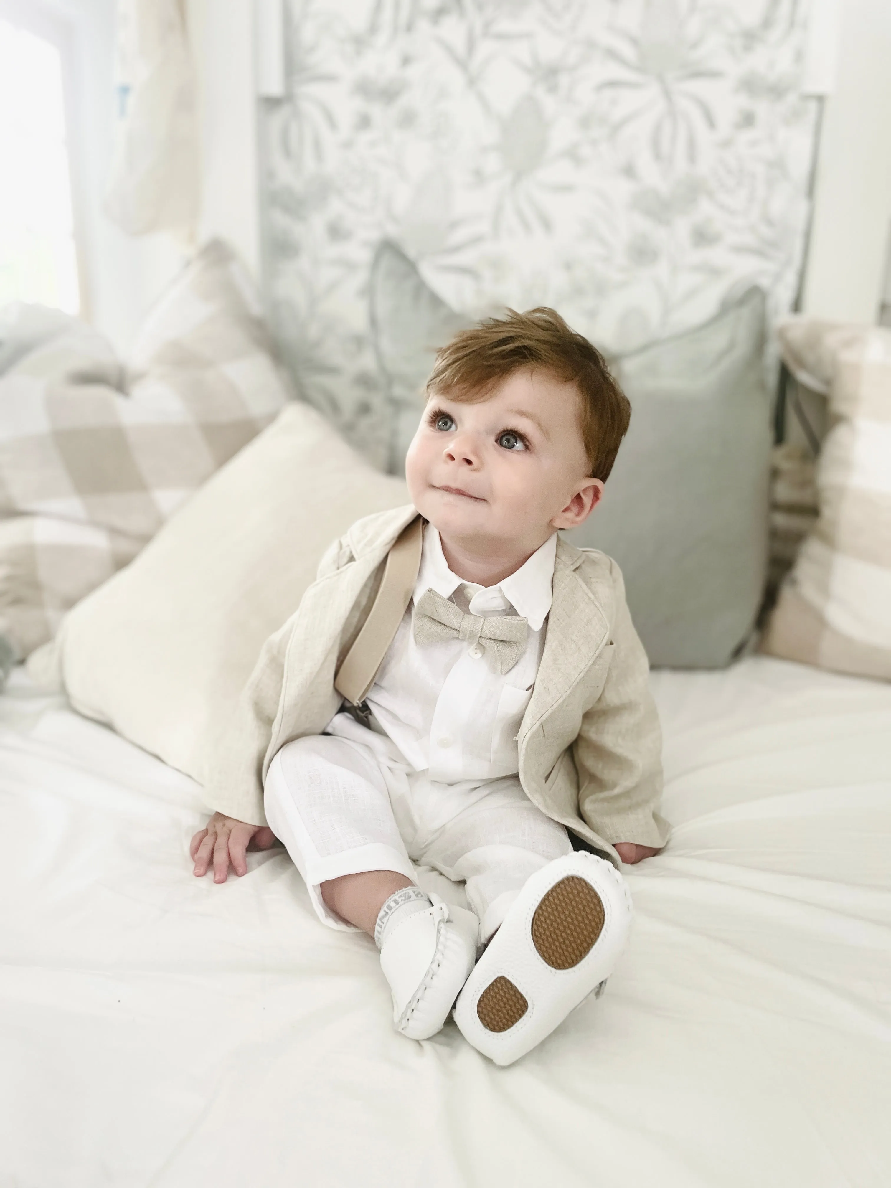 Beige linen kids Baptism or Wedding Suit with Accessories and Embroidery Available