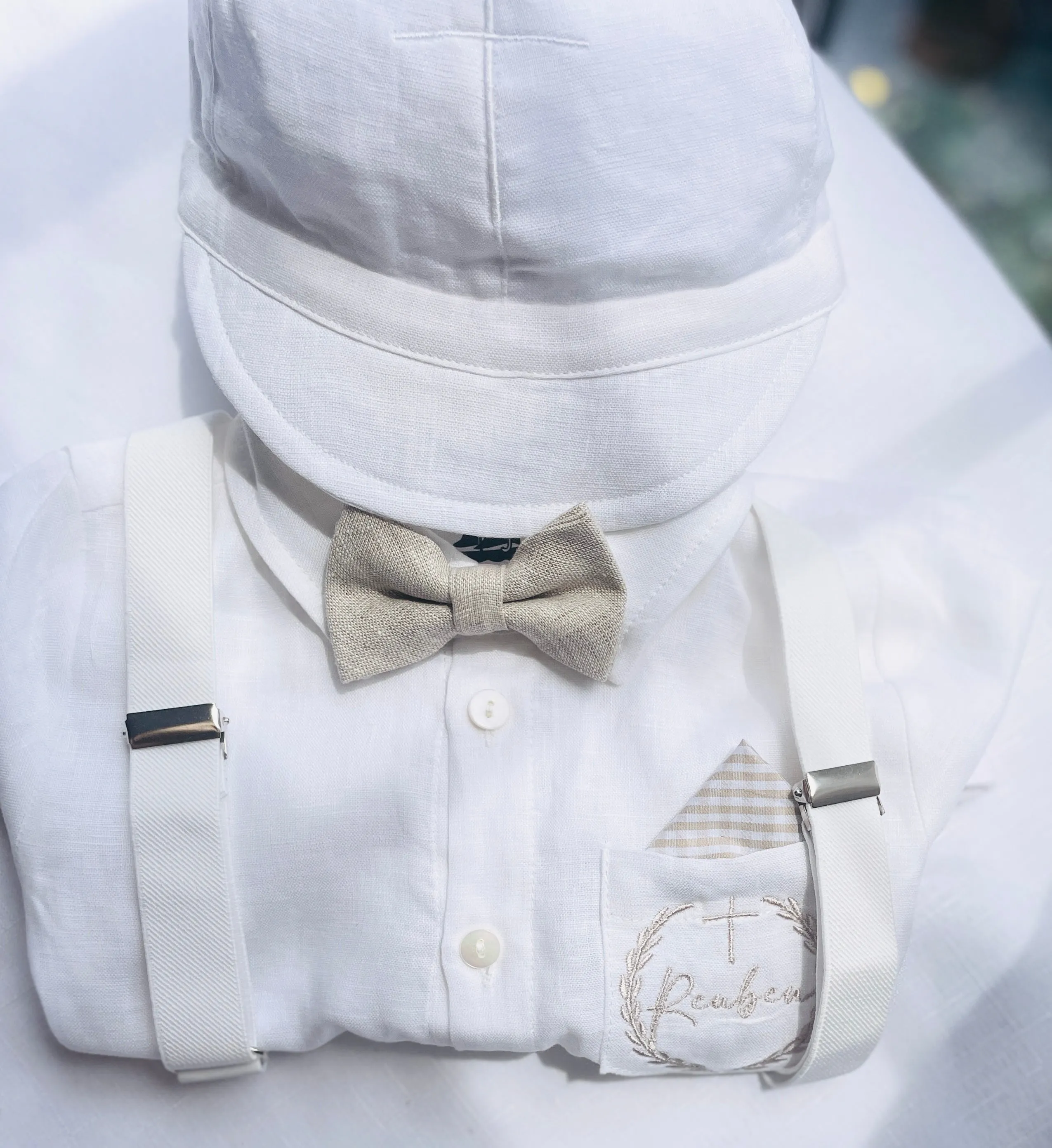 Beige linen kids Baptism or Wedding Suit with Accessories and Embroidery Available