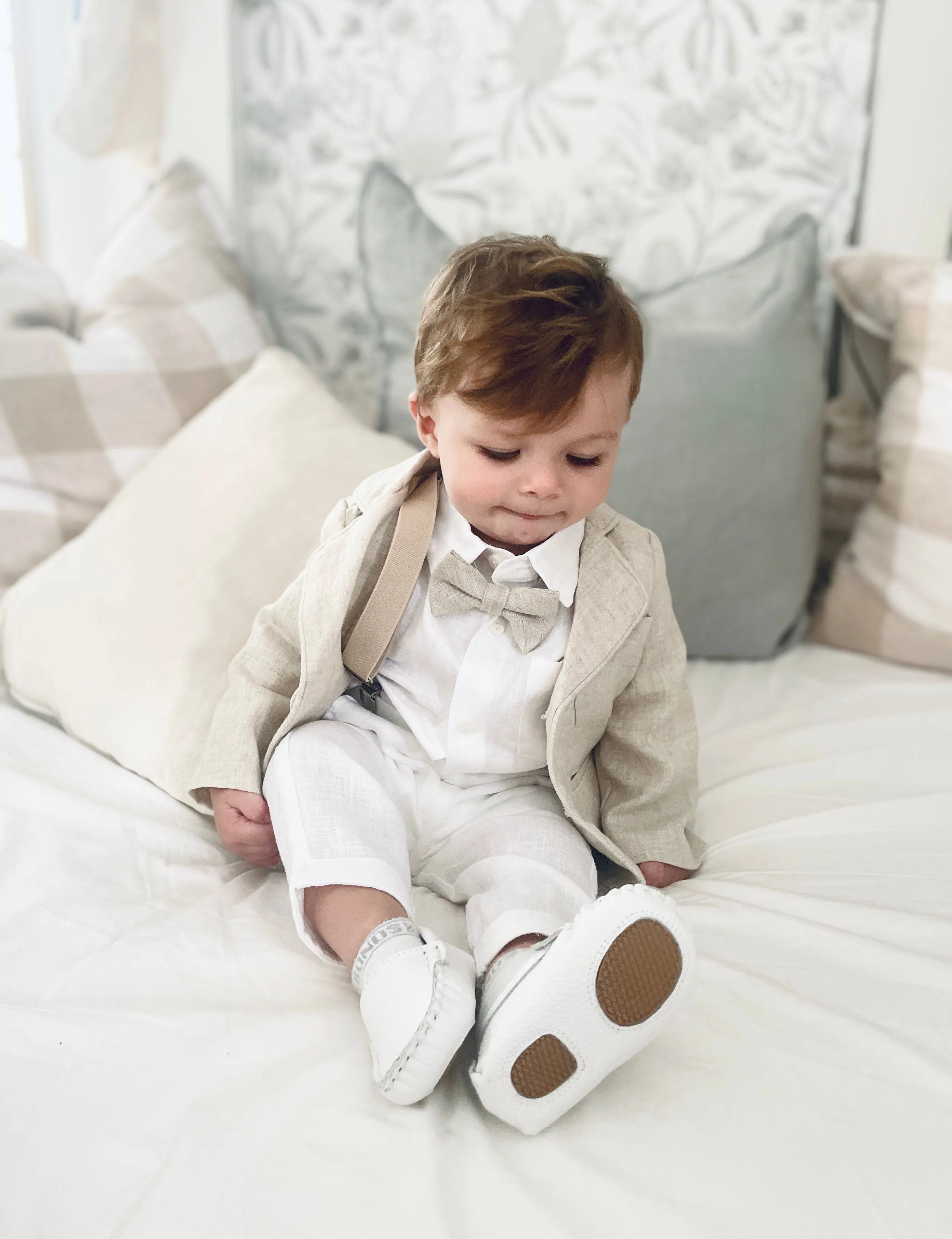 Beige linen kids Baptism or Wedding Suit with Accessories and Embroidery Available