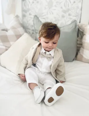 Beige linen kids Baptism or Wedding Suit with Accessories and Embroidery Available