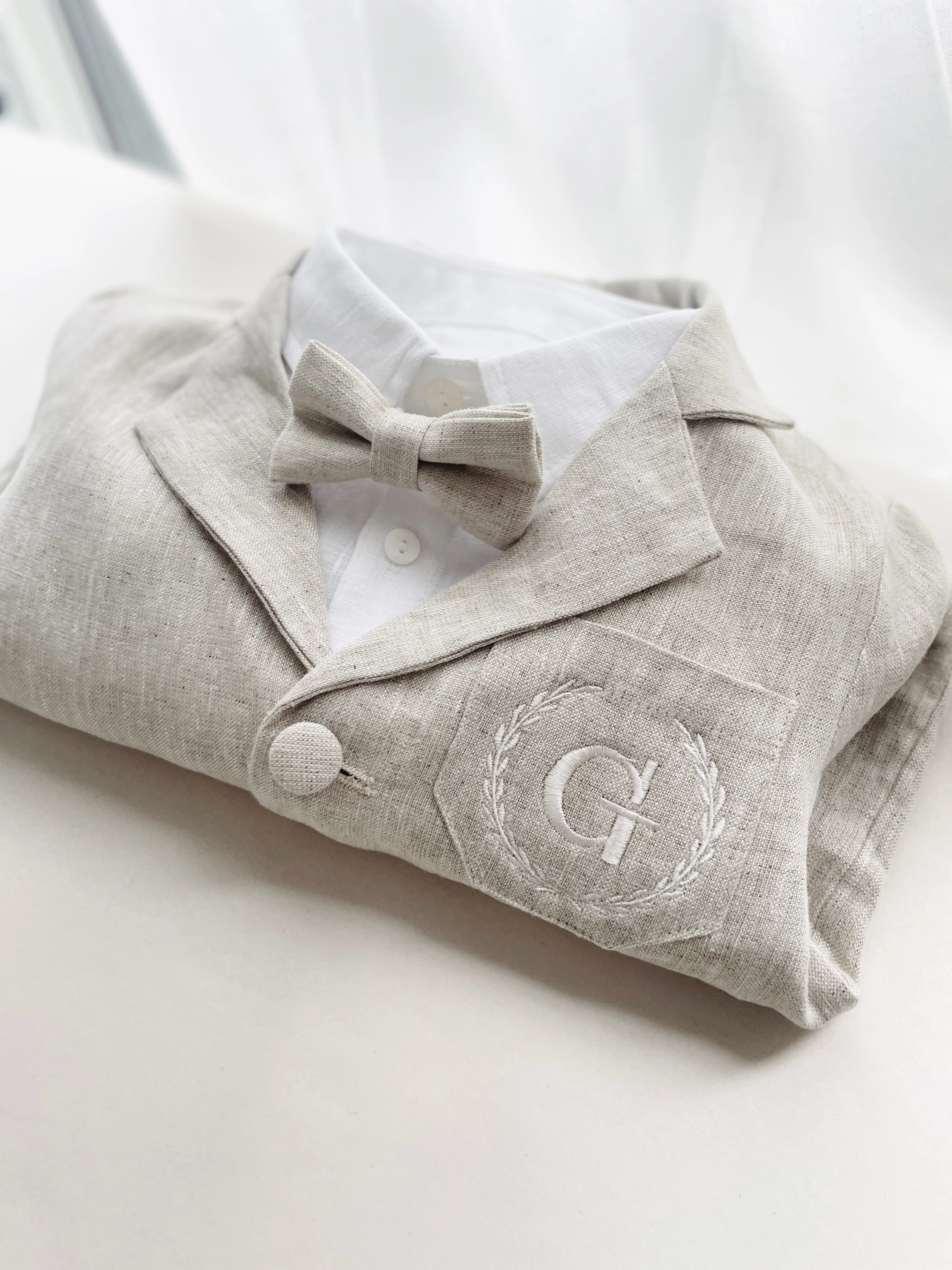 Beige linen kids Baptism or Wedding Suit with Accessories and Embroidery Available