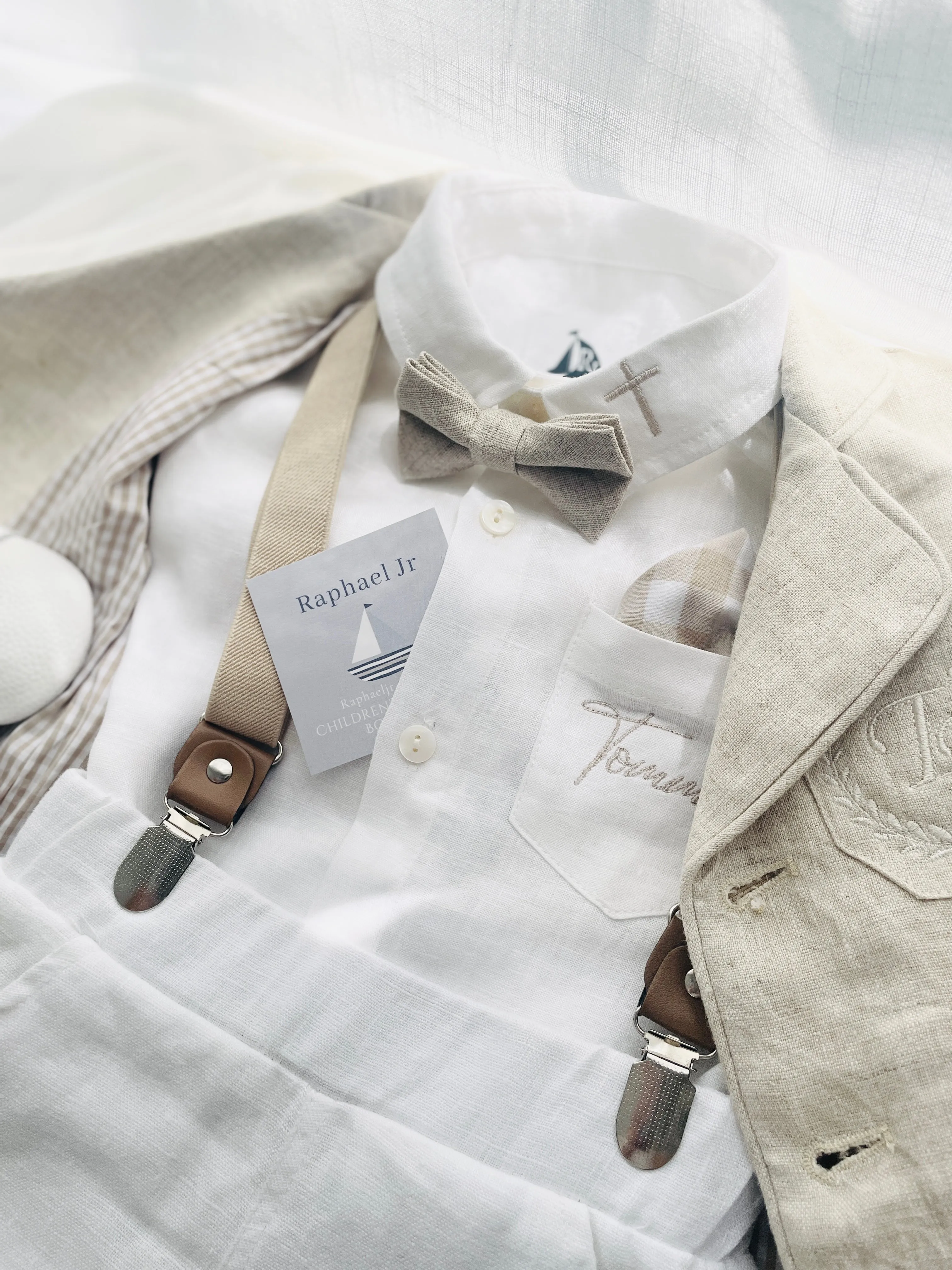 Beige linen kids Baptism or Wedding Suit with Accessories and Embroidery Available