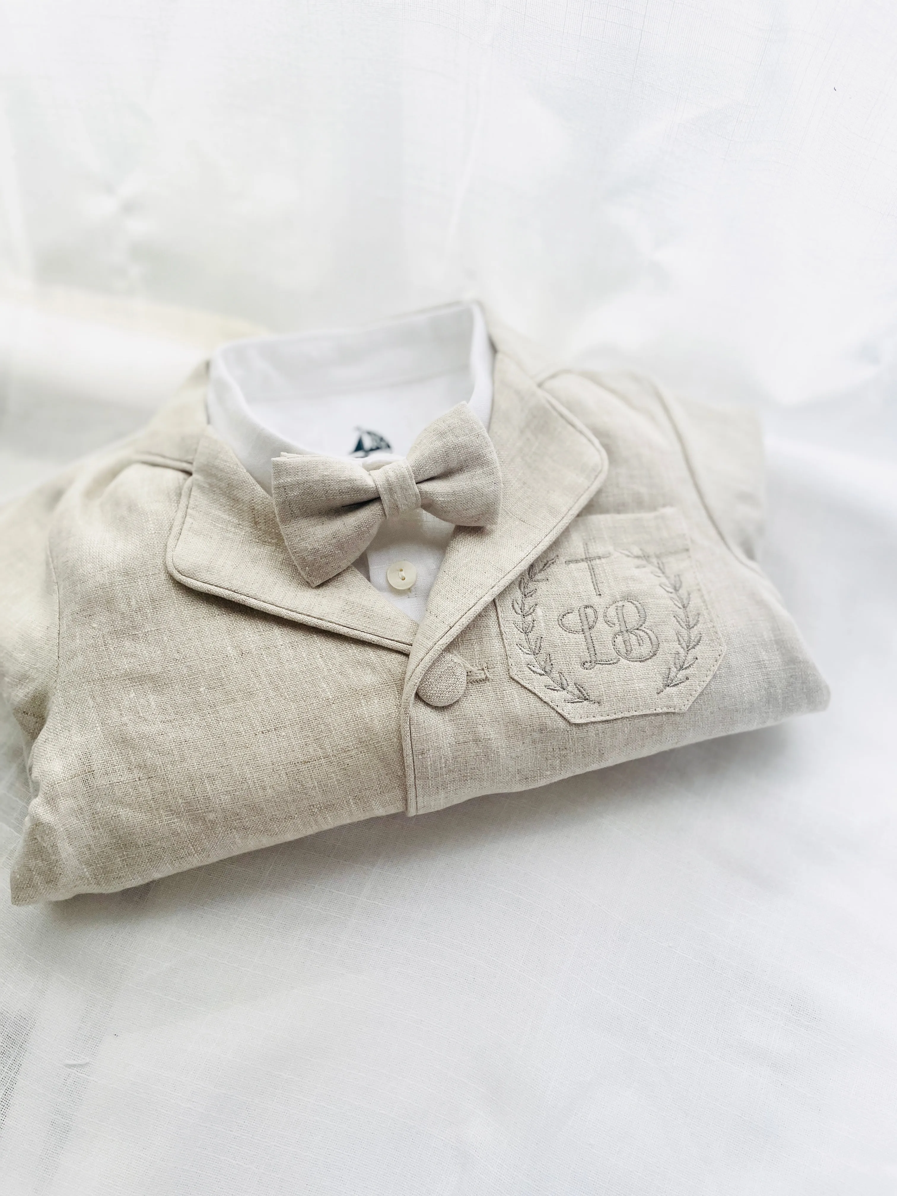 Beige linen kids Baptism or Wedding Suit with Accessories and Embroidery Available