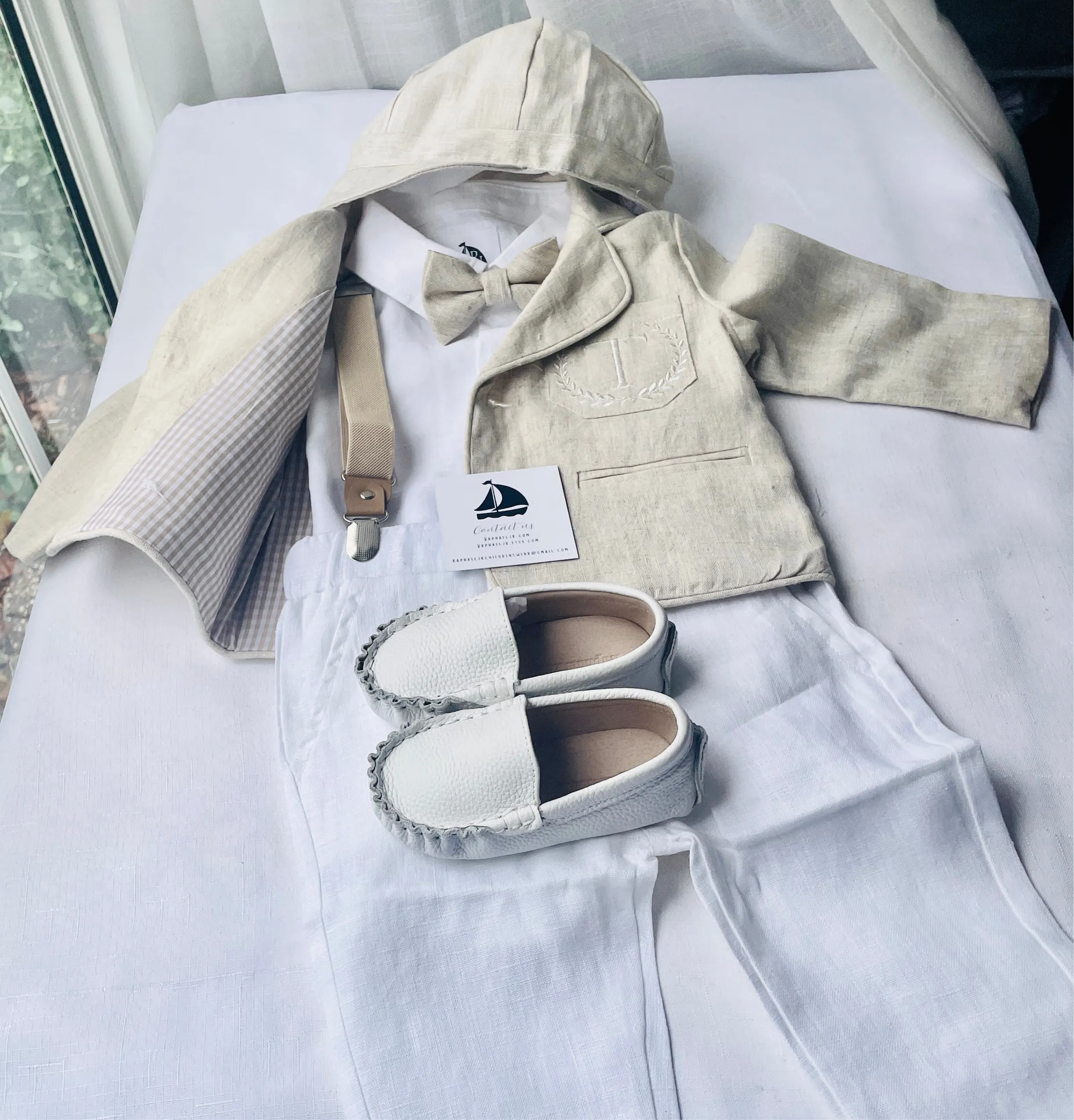 Beige linen kids Baptism or Wedding Suit with Accessories and Embroidery Available