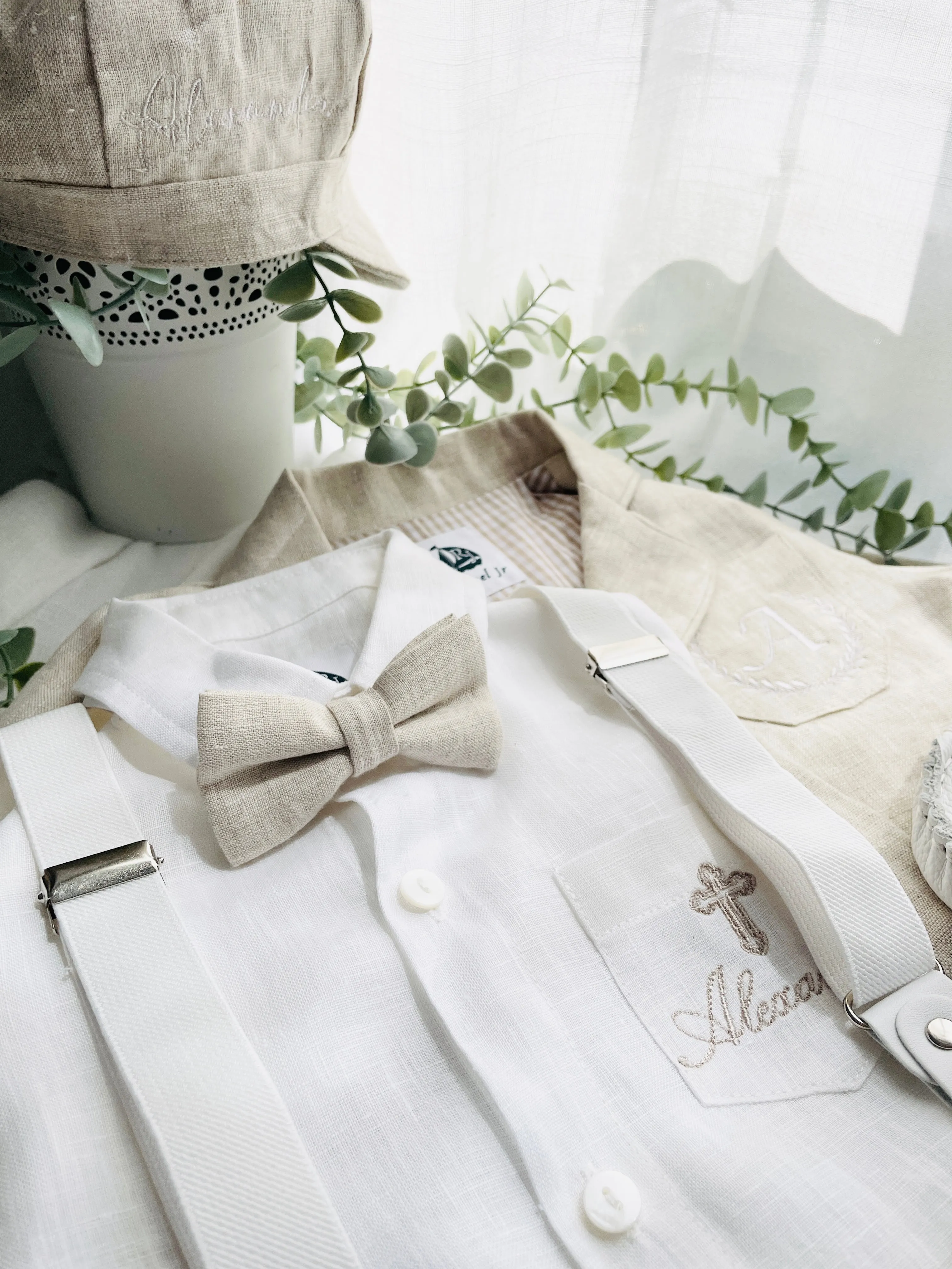 Beige linen kids Baptism or Wedding Suit with Accessories and Embroidery Available