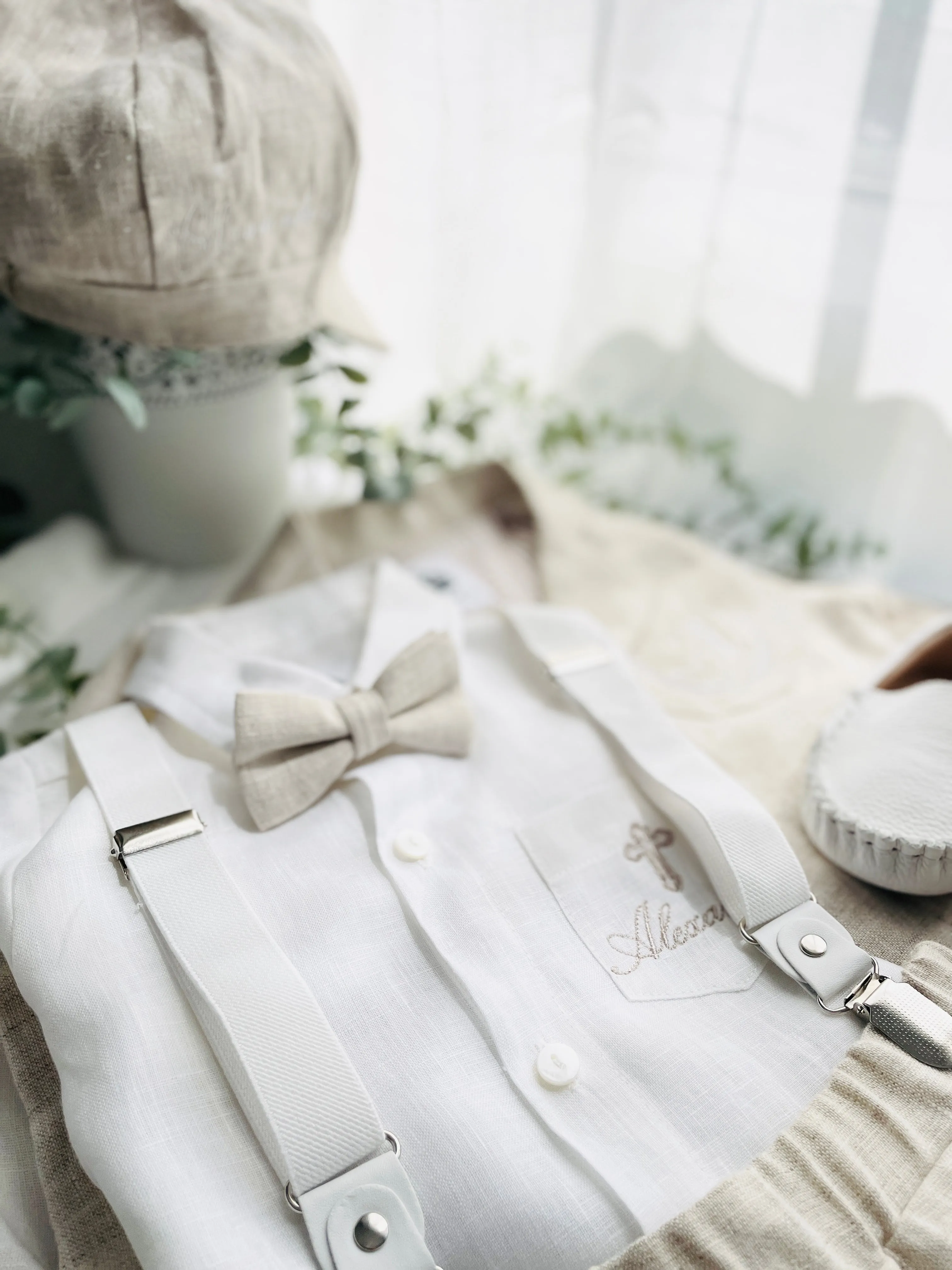 Beige linen kids Baptism or Wedding Suit with Accessories and Embroidery Available