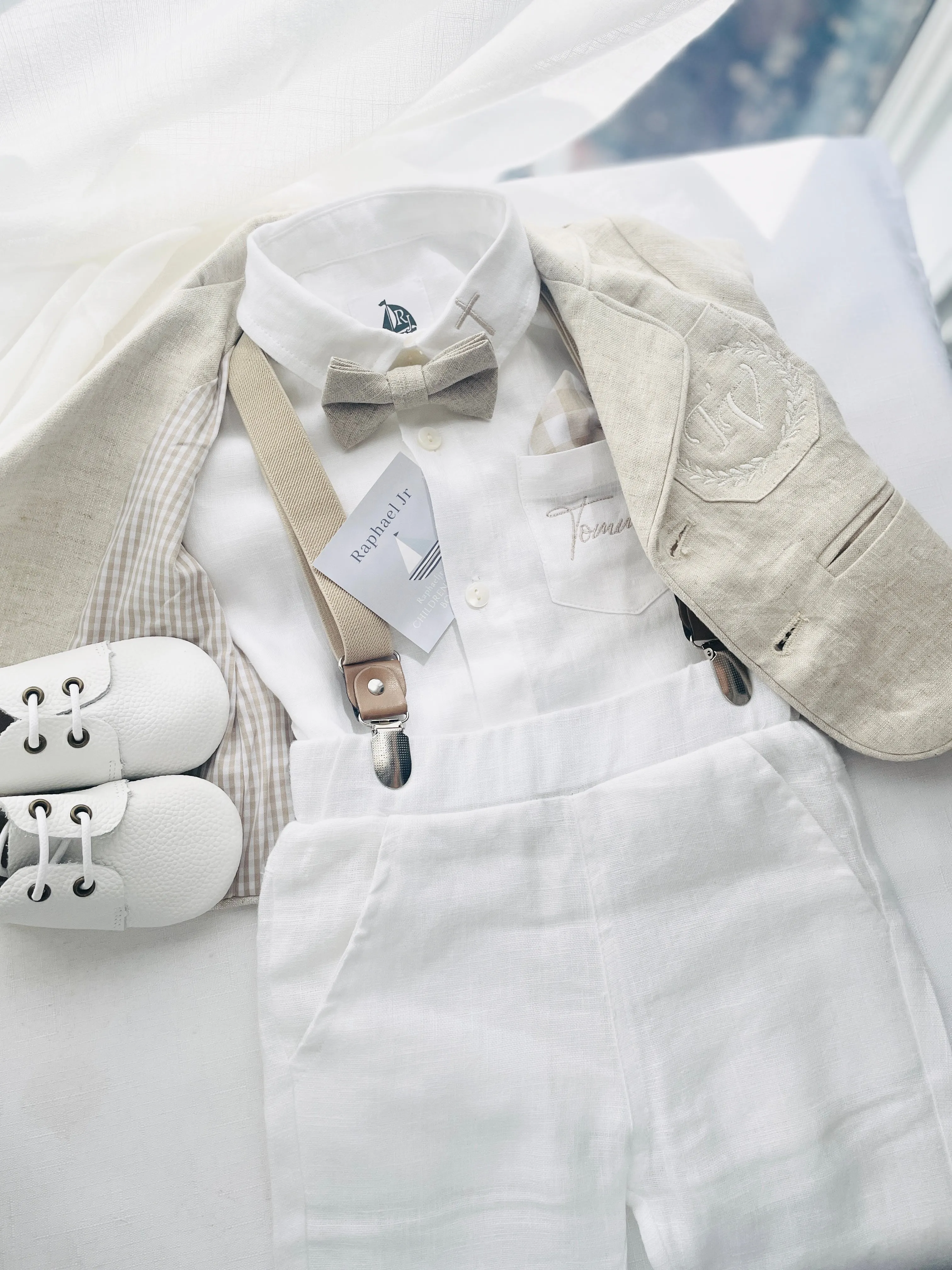 Beige linen kids Baptism or Wedding Suit with Accessories and Embroidery Available