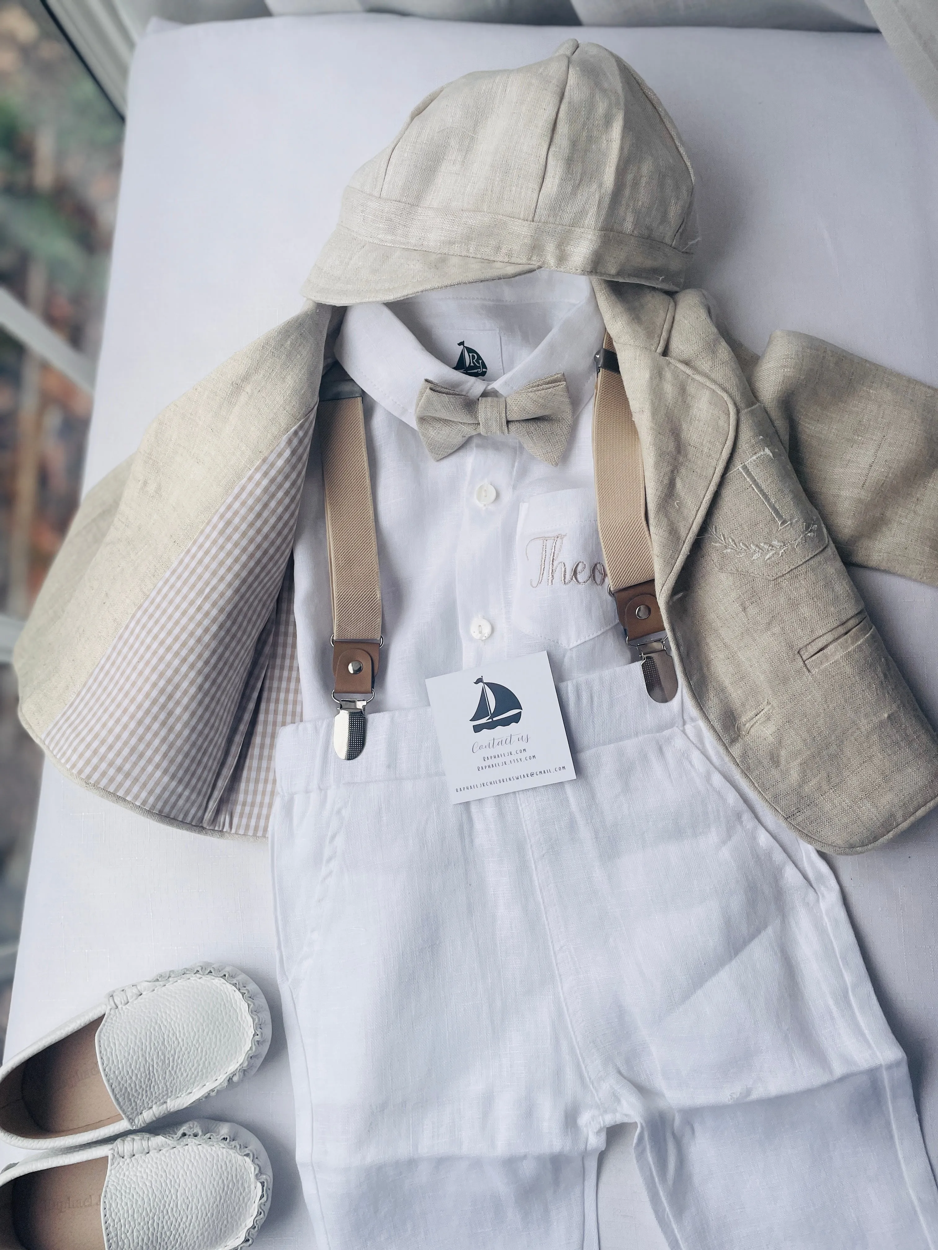 Beige linen kids Baptism or Wedding Suit with Accessories and Embroidery Available