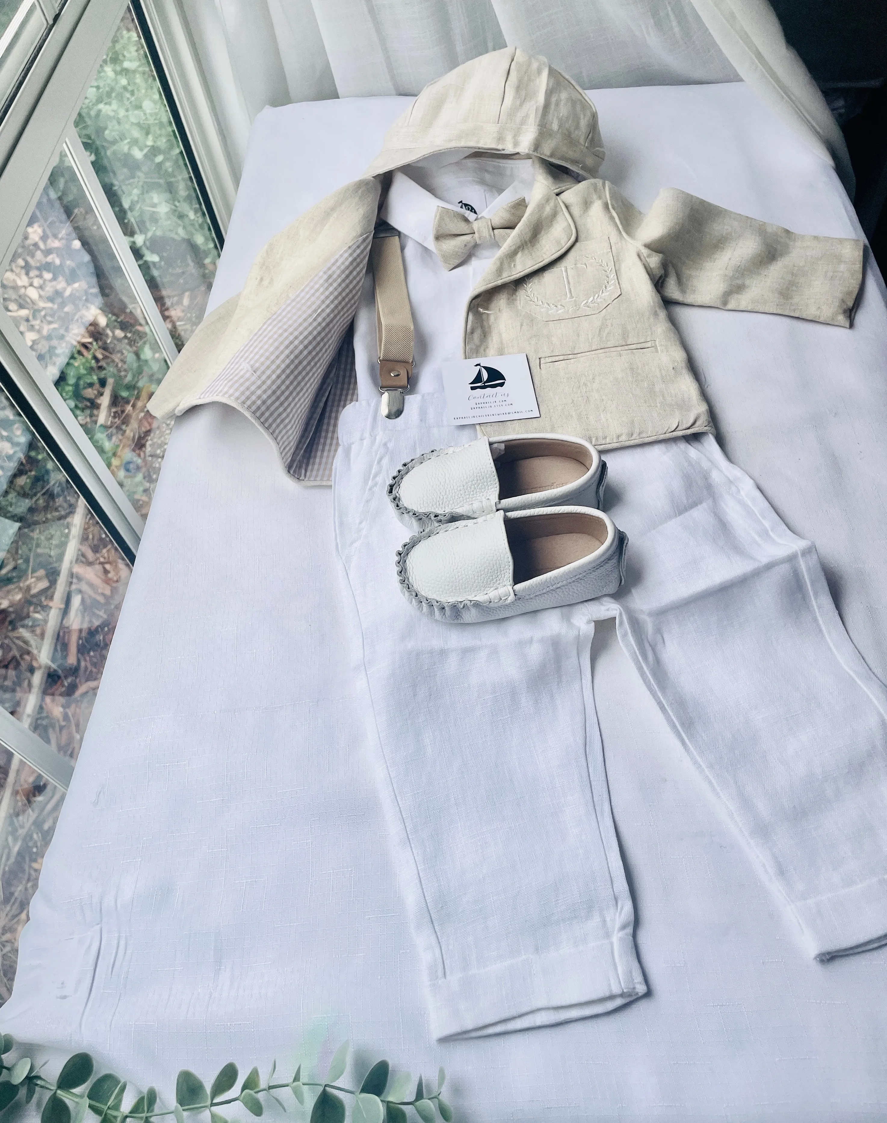 Beige linen kids Baptism or Wedding Suit with Accessories and Embroidery Available
