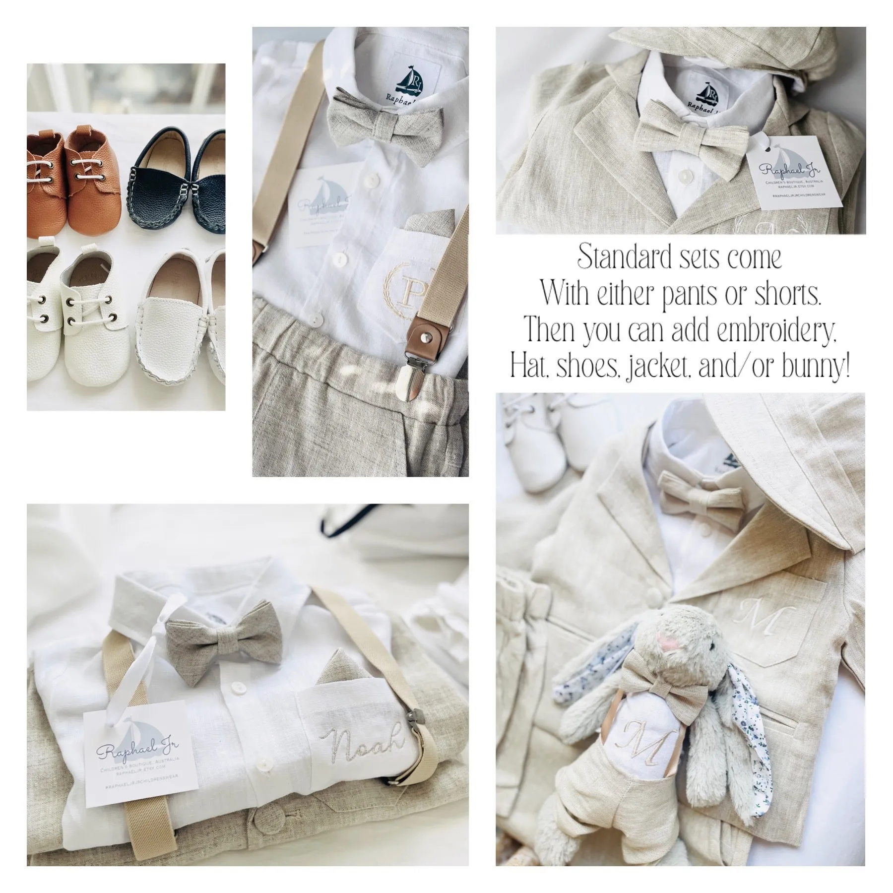 Beige linen kids Baptism or Wedding Suit with Accessories and Embroidery Available