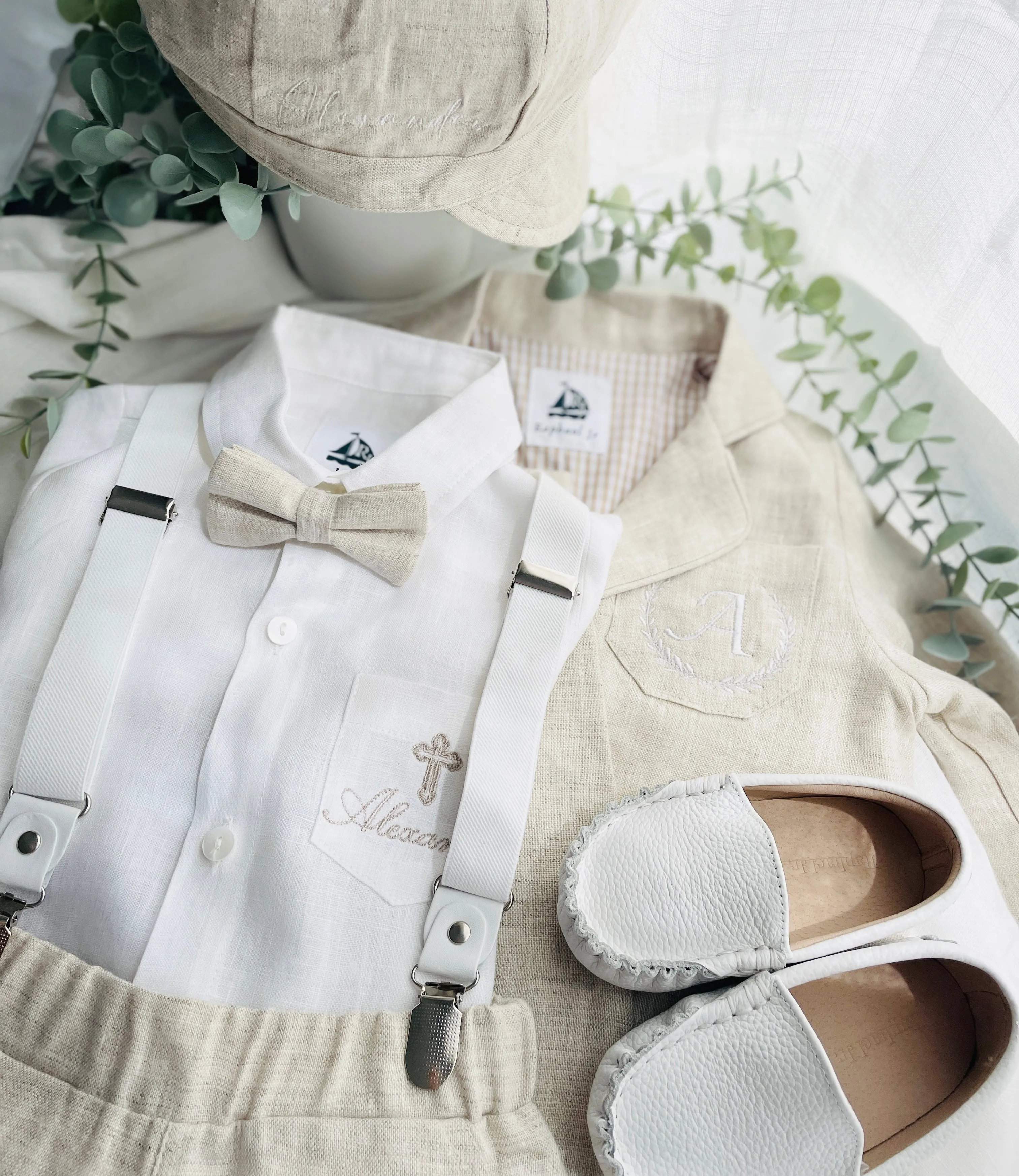Beige linen kids Baptism or Wedding Suit with Accessories and Embroidery Available