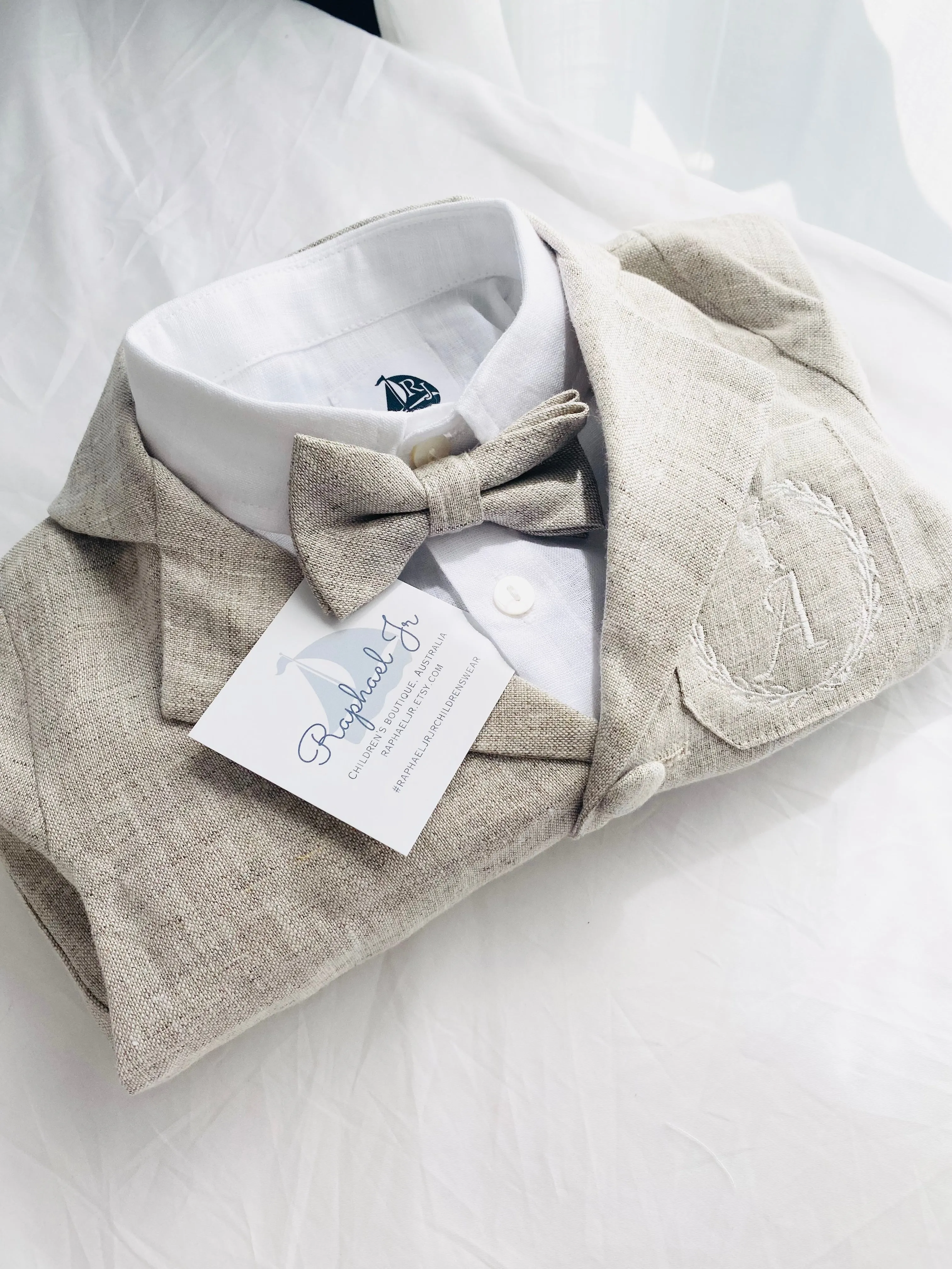 Beige linen kids Baptism or Wedding Suit with Accessories and Embroidery Available