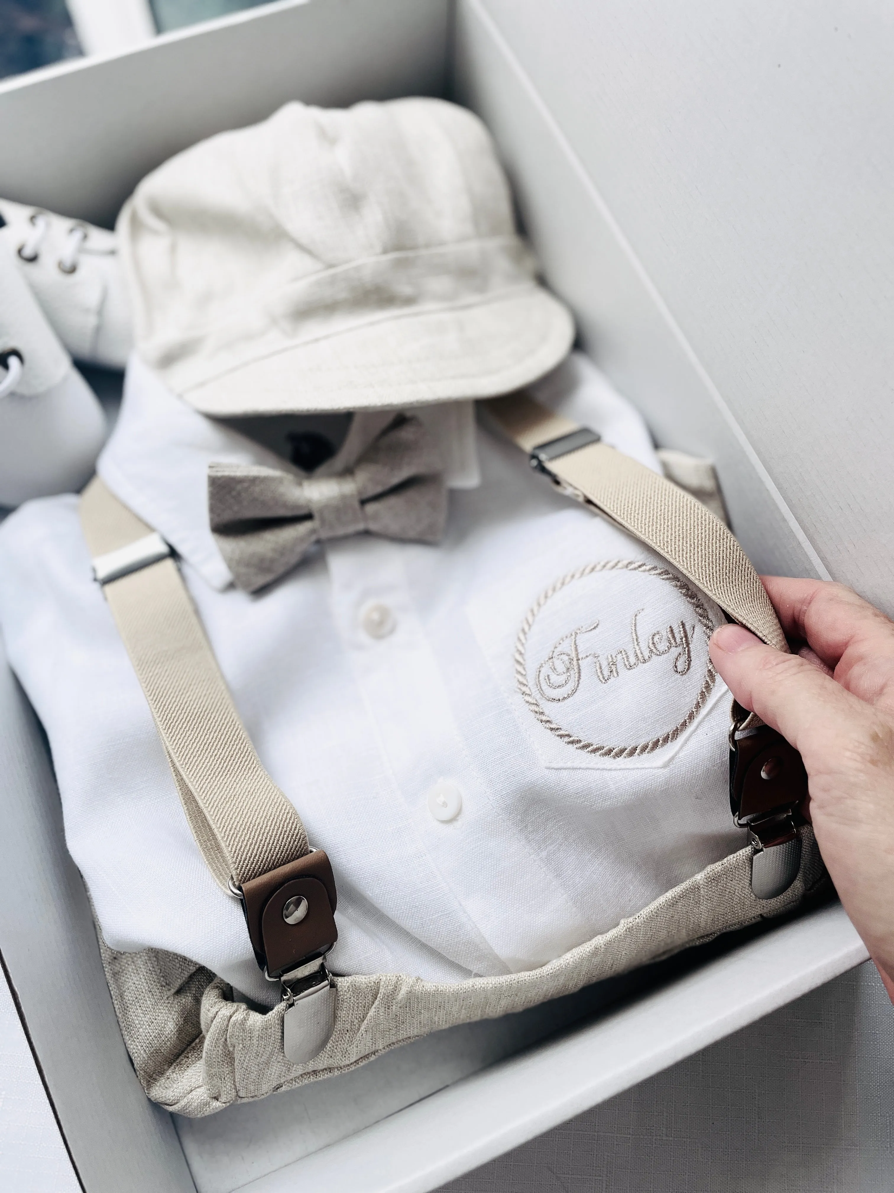 Beige linen kids Baptism or Wedding Suit with Accessories and Embroidery Available