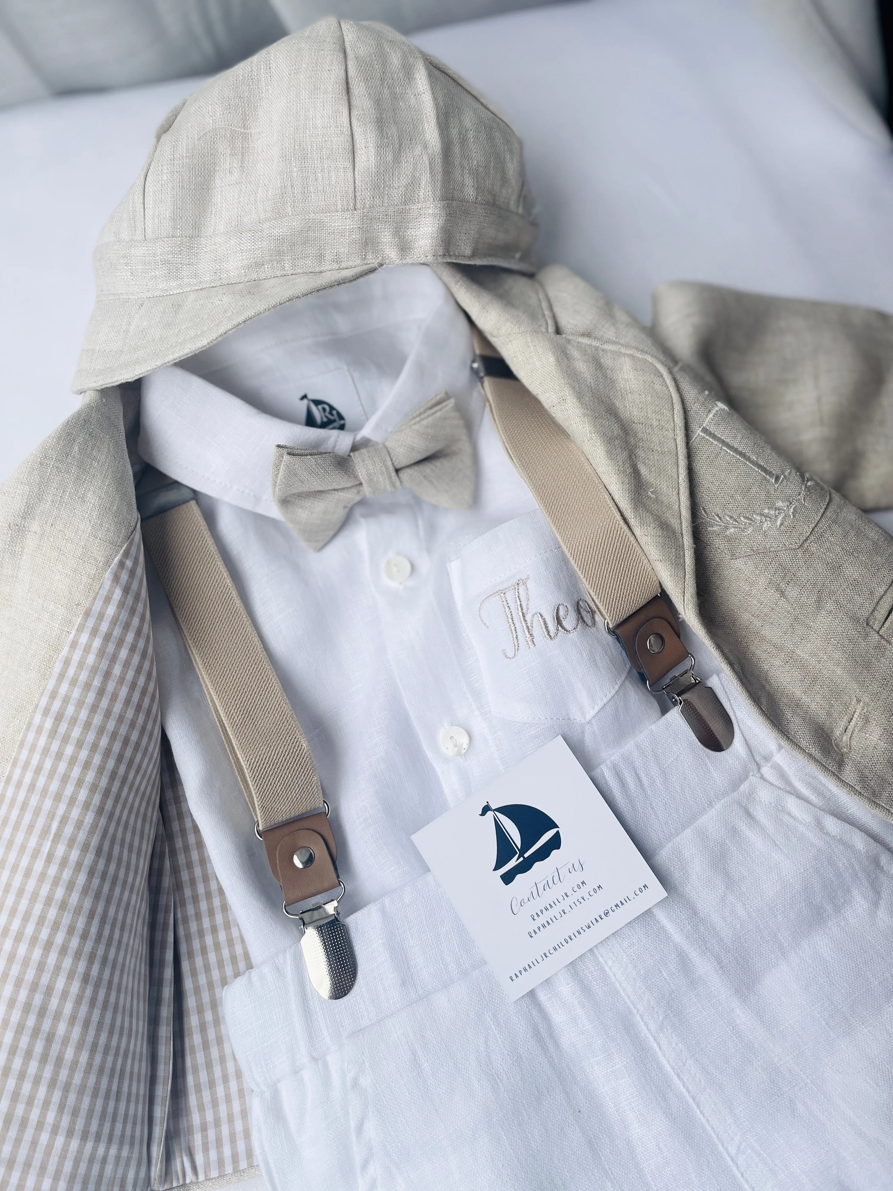 Beige linen kids Baptism or Wedding Suit with Accessories and Embroidery Available