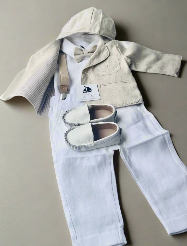 Beige linen kids Baptism or Wedding Suit with Accessories and Embroidery Available