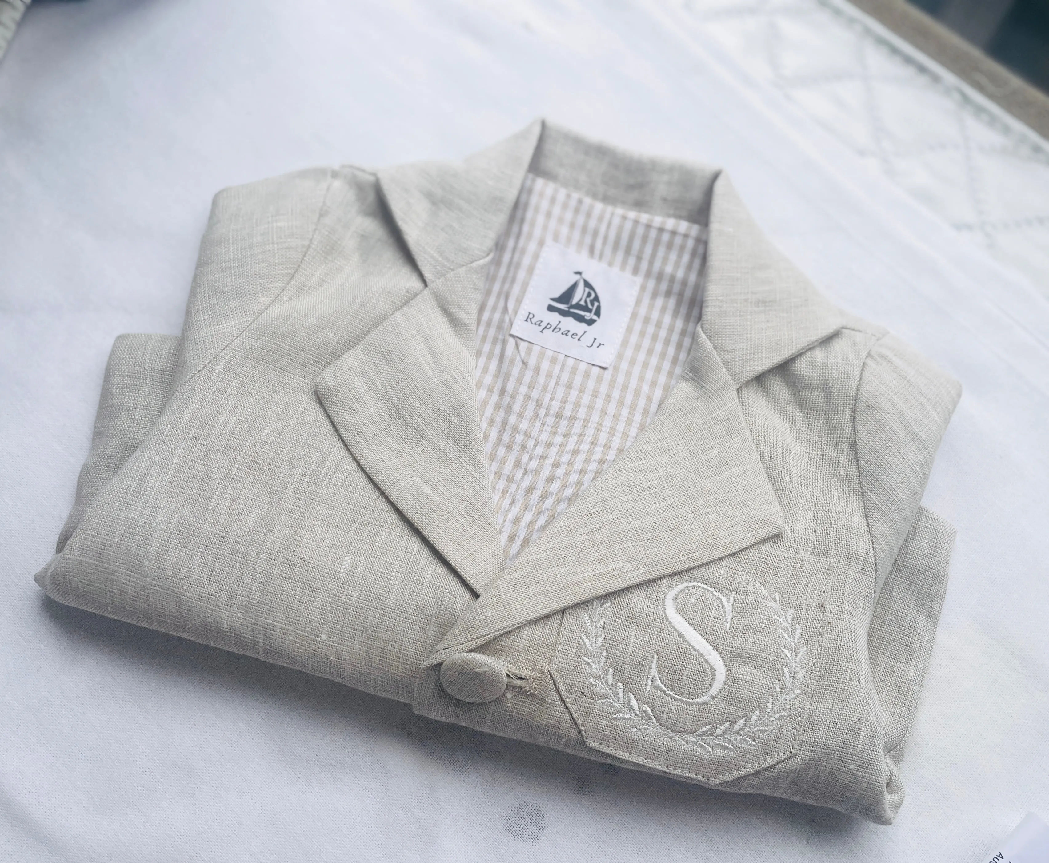 Beige linen kids Baptism or Wedding Suit with Accessories and Embroidery Available