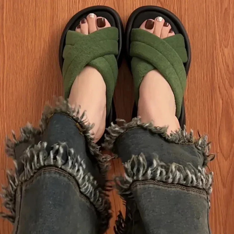 binfenxie 2024 Summer Platform Women Slippers Fashion Open Toe Soft Sole Flats Slides Ladies Casual Cross Beach Gladiator Sandal
