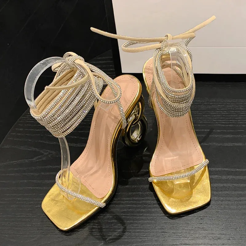 binfenxie  Sexy Silver Crystal Ankle Cross Strap Sandals Women Elegant Wedding Banquet Shoes Fashion Square Open Toe Fretwork Heels