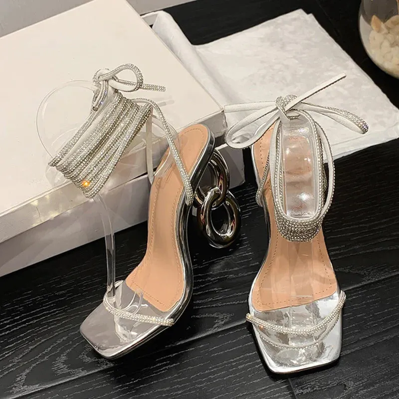 binfenxie  Sexy Silver Crystal Ankle Cross Strap Sandals Women Elegant Wedding Banquet Shoes Fashion Square Open Toe Fretwork Heels