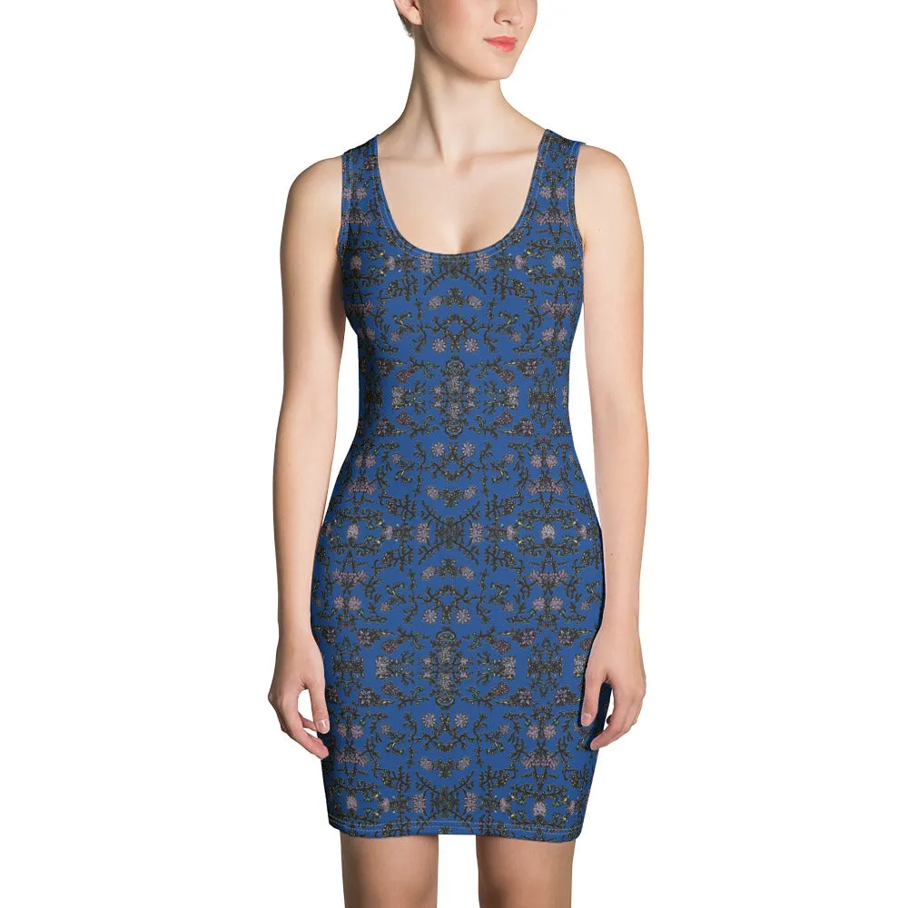 Blue Floral Print Sleeveless Dress, Flower Print Elegant Women's Long Comfy Causal Dress- Made in USA/EU/MX