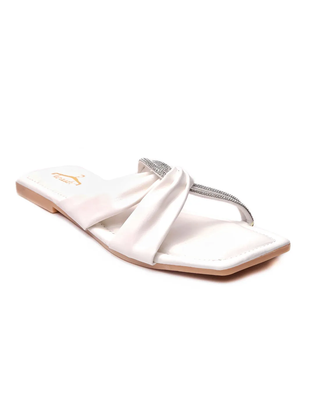 Brauch Women White Cross Strap Rhinestone Flats