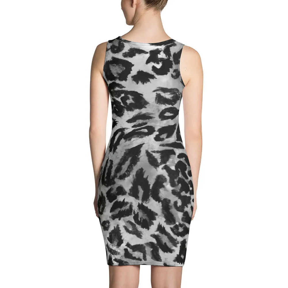 Chic Black Grey Leopard Animal Print Women's One Piece Dress - Made in USA/ Europe