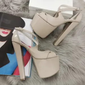 Cream Patent Cross Strap Thick Heels