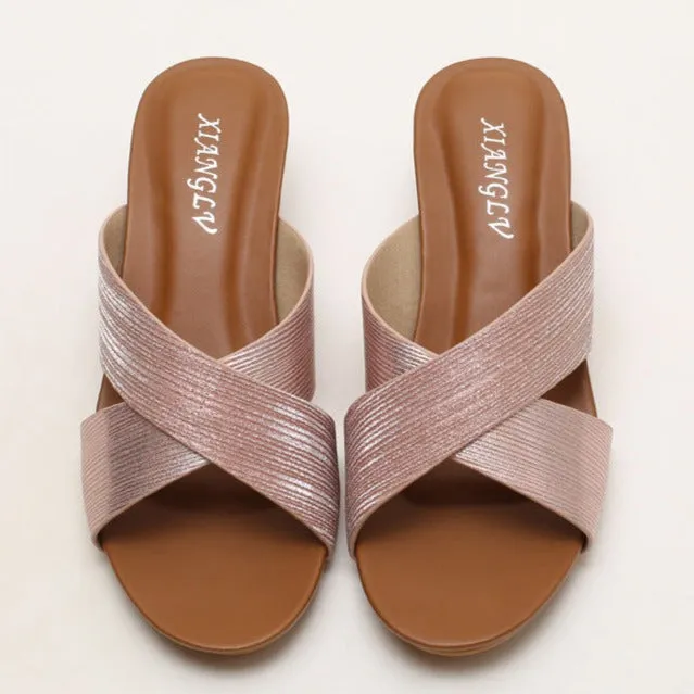 Criss cross glitter slippers summer casual slip on wedges
