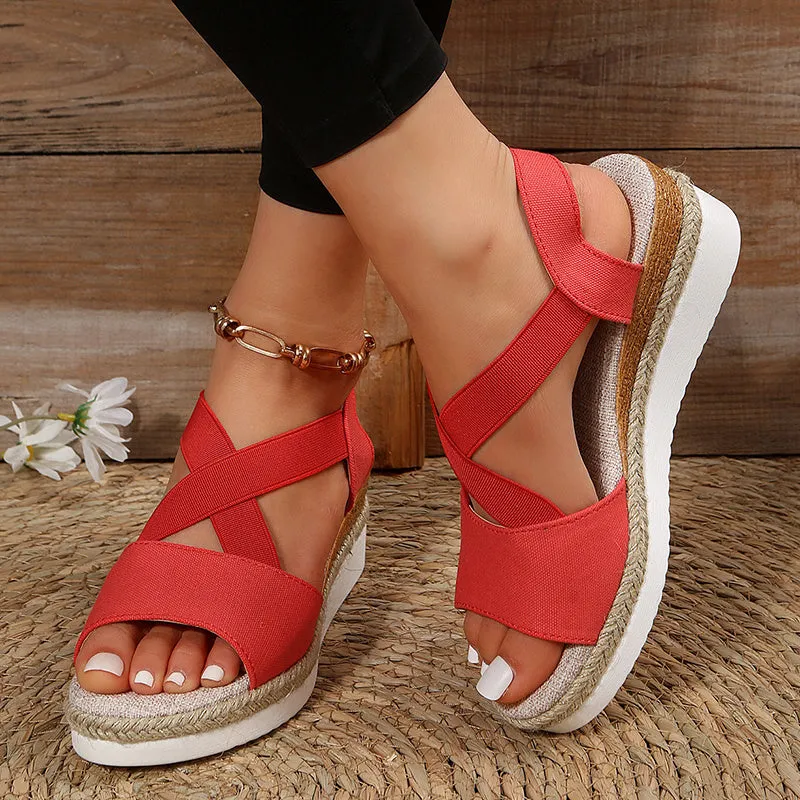 Cross-Strap Platform Hemp Heel Wedge Sandals