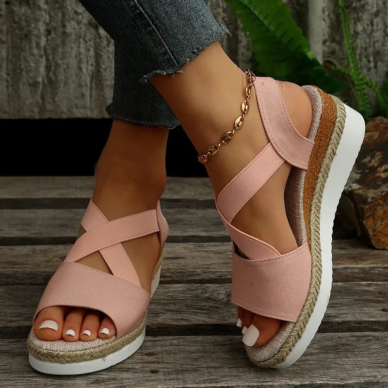 Cross-Strap Platform Hemp Heel Wedge Sandals