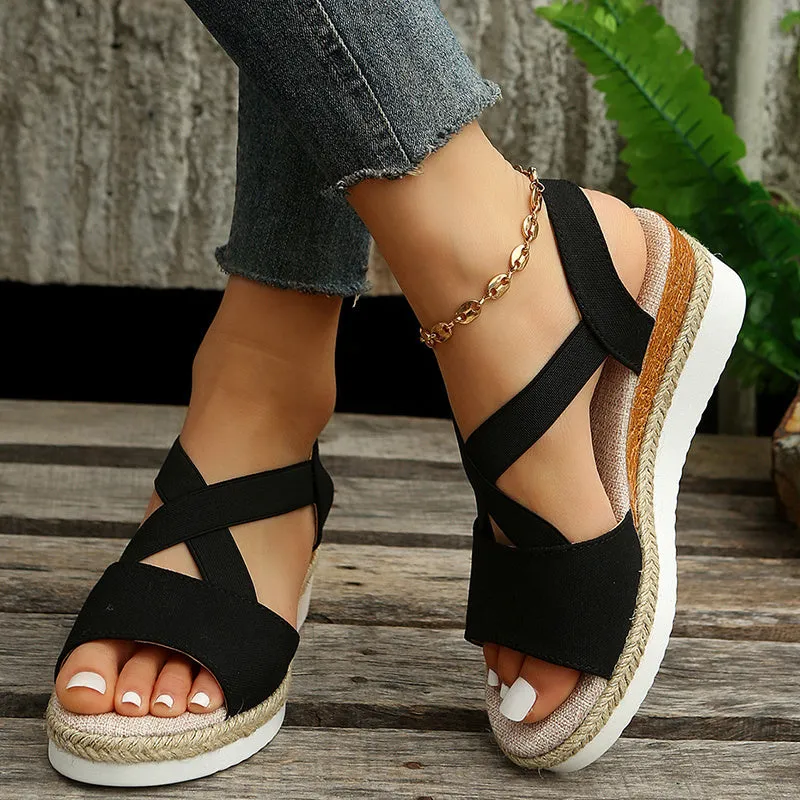 Cross-Strap Platform Hemp Heel Wedge Sandals