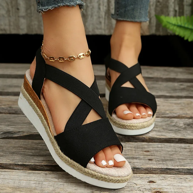 Cross-Strap Platform Hemp Heel Wedge Sandals