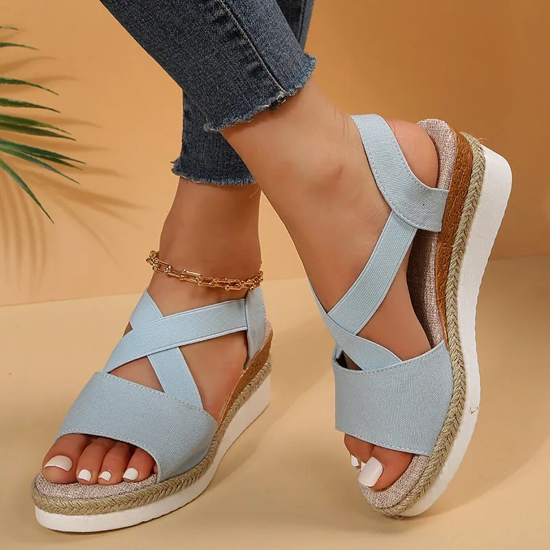 Cross-Strap Platform Hemp Heel Wedge Sandals
