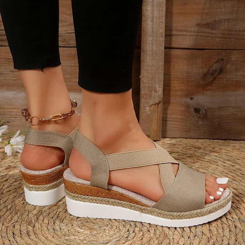 Cross-Strap Platform Hemp Heel Wedge Sandals