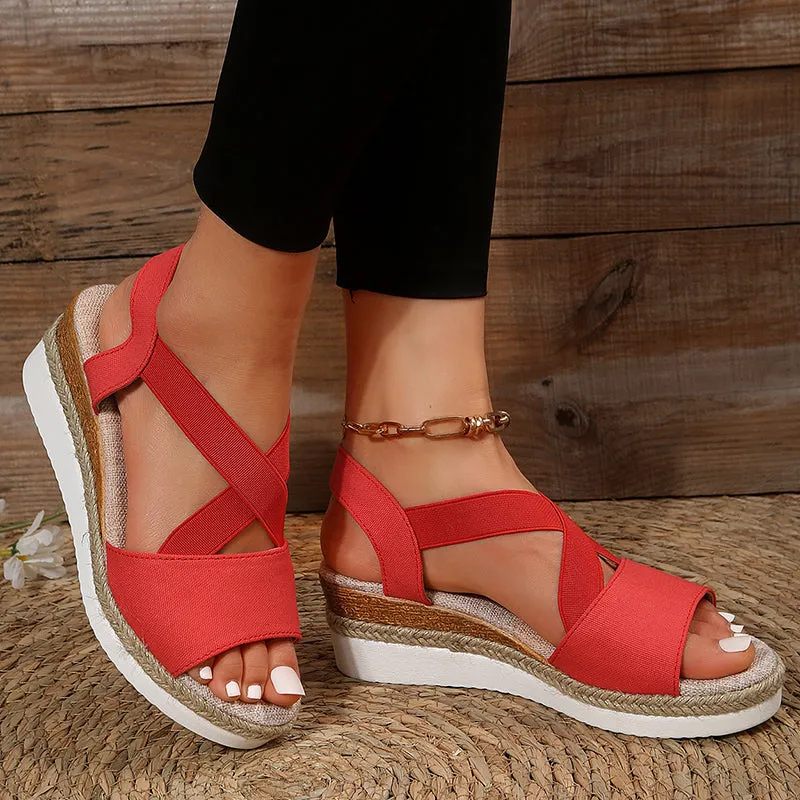 Cross-Strap Platform Hemp Heel Wedge Sandals