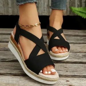 Cross-Strap Platform Hemp Heel Wedge Sandals