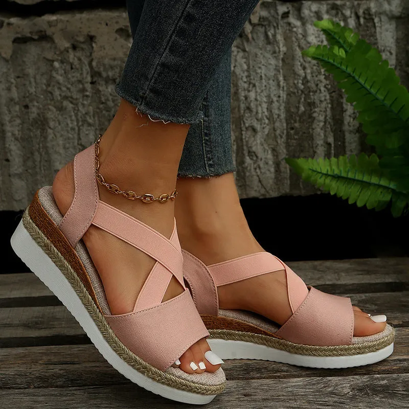 Cross-Strap Platform Hemp Heel Wedge Sandals