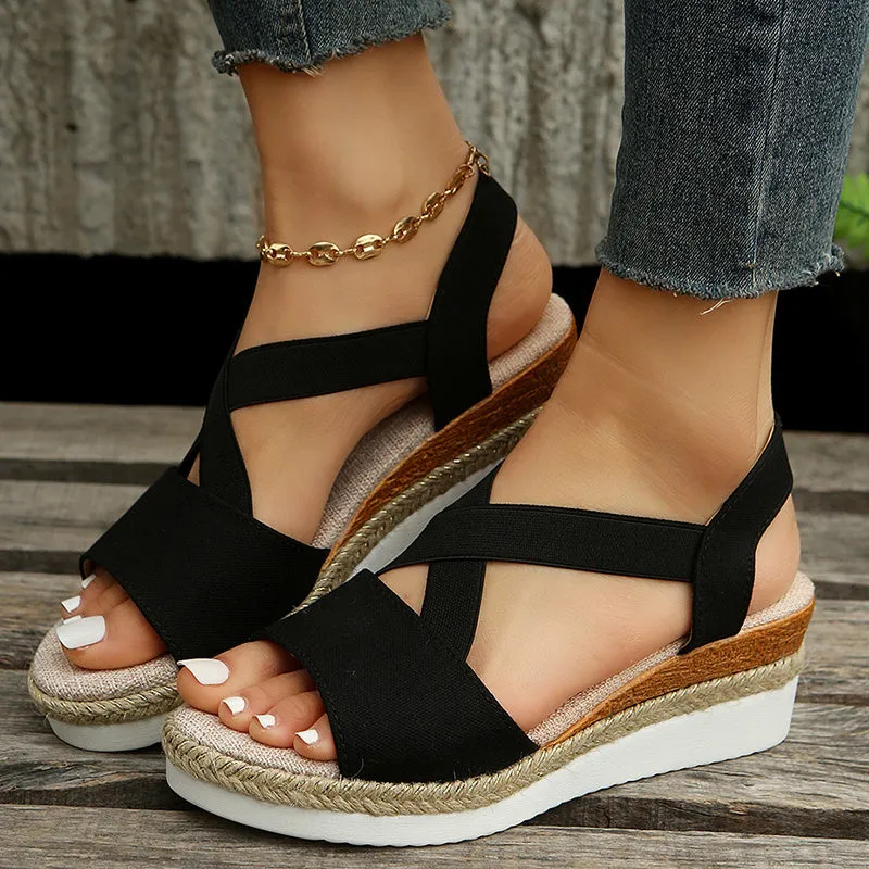 Cross-Strap Platform Hemp Heel Wedge Sandals